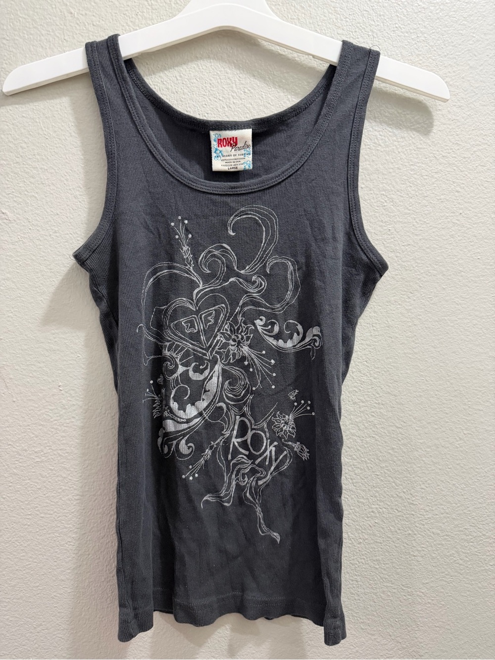 Roxy Charcoal Gray Graphic Tank Top with White Print